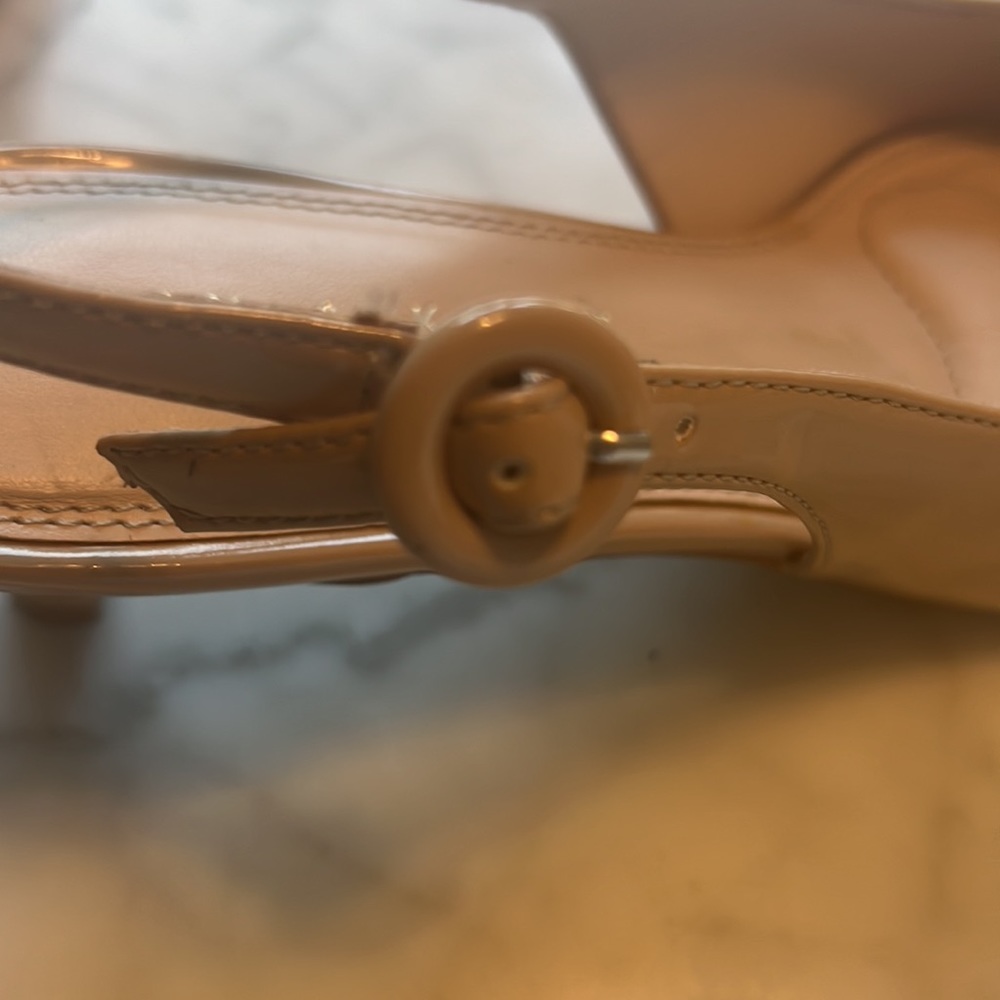 Tan, patent faux leather pumps with 1” kitten heel. Worn once. In box size 7. - Picture 6 of 8